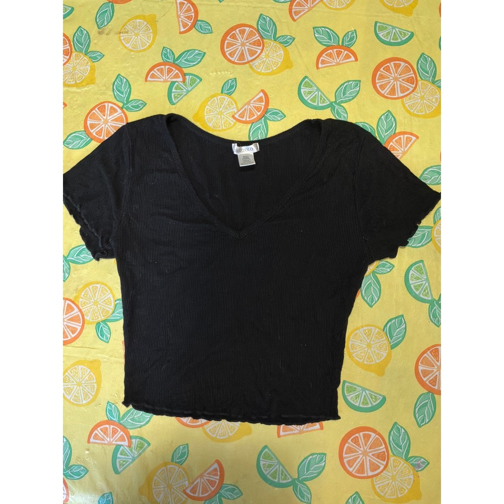 Y2K Womens Bozzolo Ribbed V-Neck Lettuce Hem Crop Top Small‎ Black